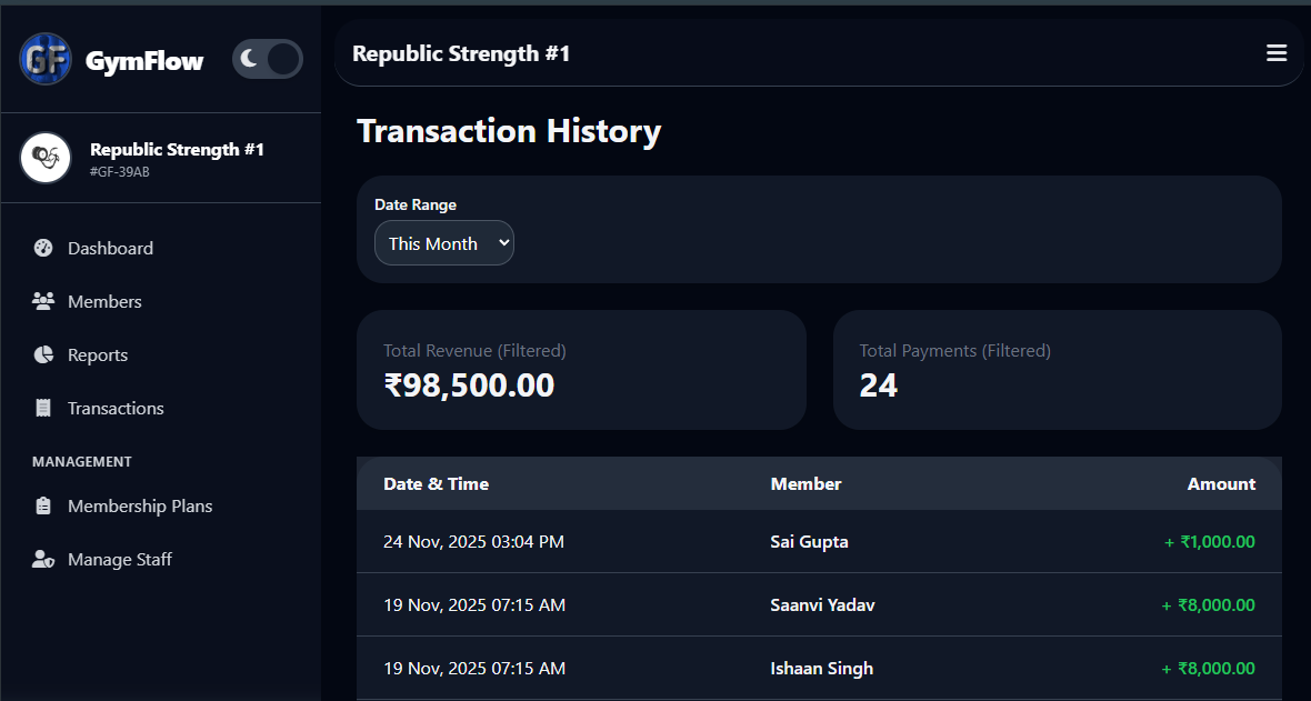 GymFlow transaction history screen